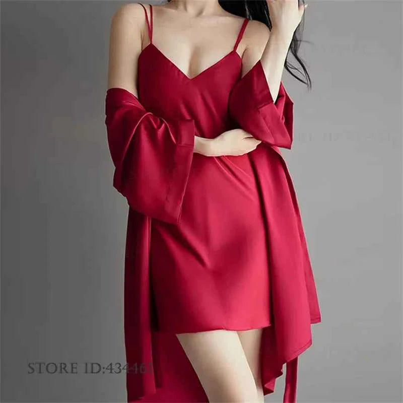 Sexy Lingerie Female Twinset Robe Set Nightgown Spring Summer New Backless Nightdress Sleepwear Loose Ice Silk Homewear Pajama - Urban Heaven Co