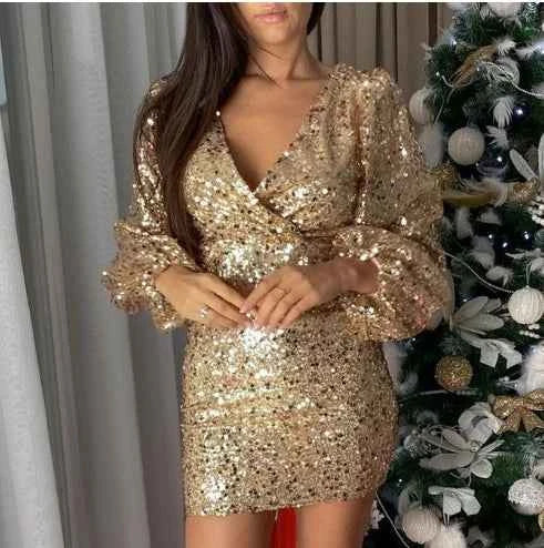 New V Neck Sequin Party Dress with Puff Shoulders | Sexy Bodycon Mini Dress for Office Ladies - Urban Heaven Co
