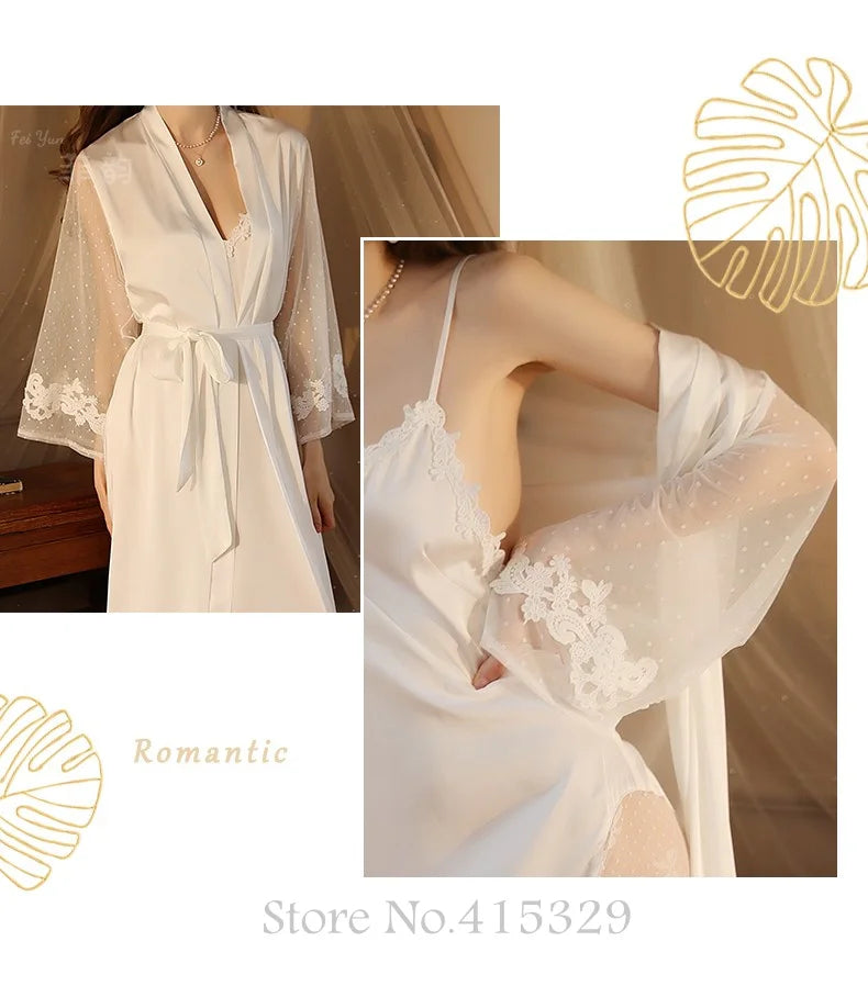 Wedding Bride Robe Set Women Bridal Lace Nightgown Long Kimono Bath Gown Intimate Lingerie - Urban Heaven Co