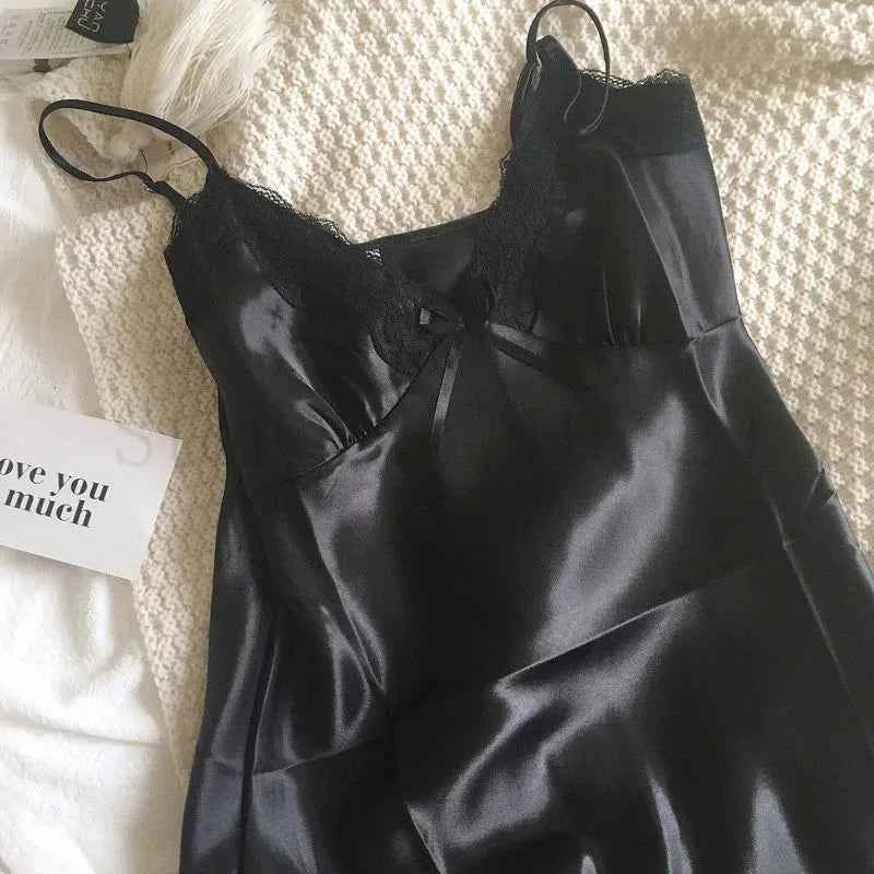 Print Flower Chemise Sleepwear Nightgown Short Summer Sexy Spaghetti Sling Homewear Satin Lace Patchwork Female Nightdress - Urban Heaven Co