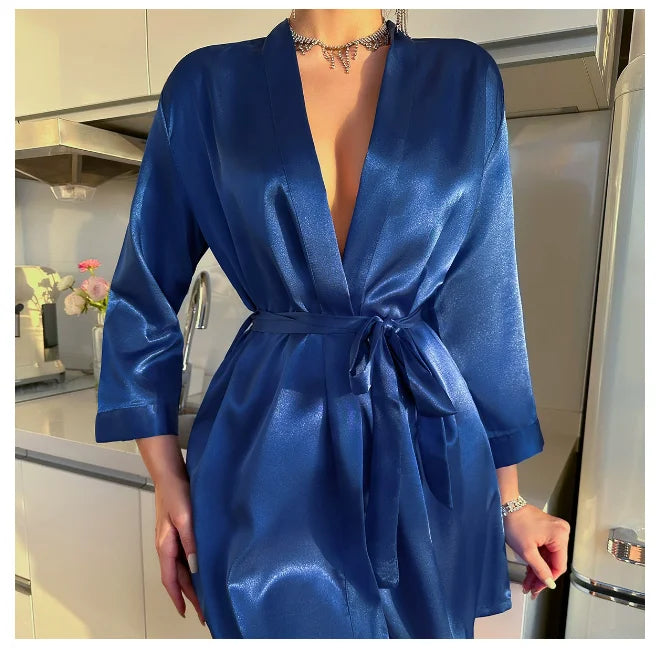Summer Lace-Up Bathrobe Women – Sexy Ice Silk Gown & Morning Robe for Home - Urban Heaven Co