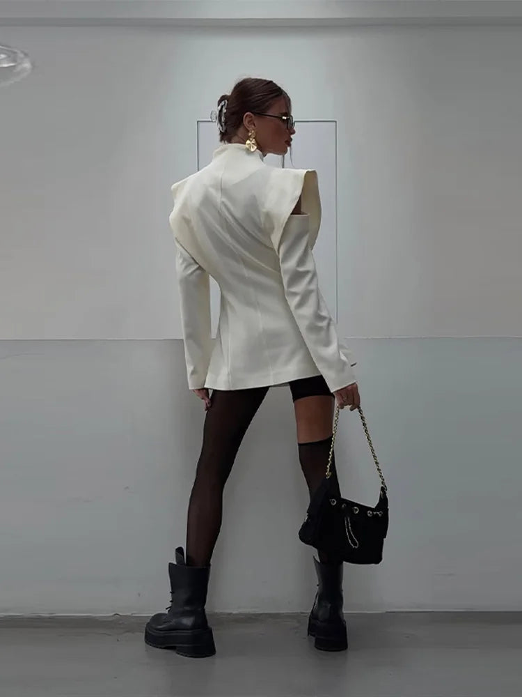 Avant-Garde Women Blazer Solid Jacket with Cutout Shoulders V-neck Full Sleeve for Spring Autumn Fashion Events and Street Style - Urban Heaven Co