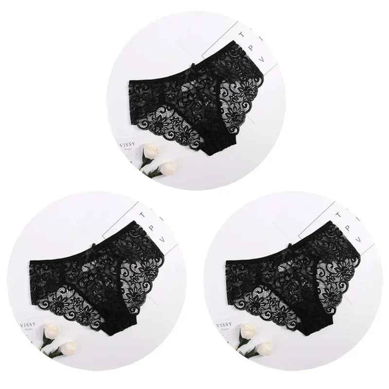 3PCS Lace Panties Set for Women - Sexy Transparent Floral Underwear with Bow and Hollow Out Design, Available in S, M, L, XL - Urban Heaven Co