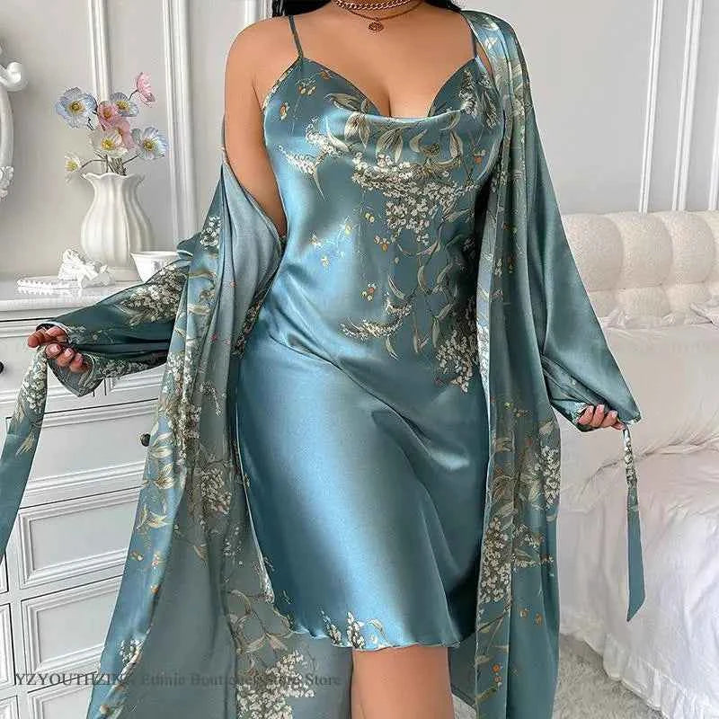 2PCS Robe Set Nightgown Print Flower Kimono Bathrobe Gown Plus Size Silk Satin Sleepwear - Urban Heaven Co