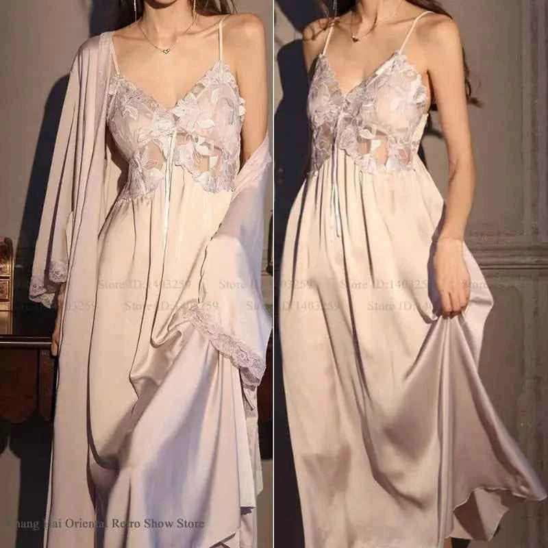 Elegant Female Long Robe Set Nightgown Silky Ice Silk Sleepwear - Urban Heaven Co