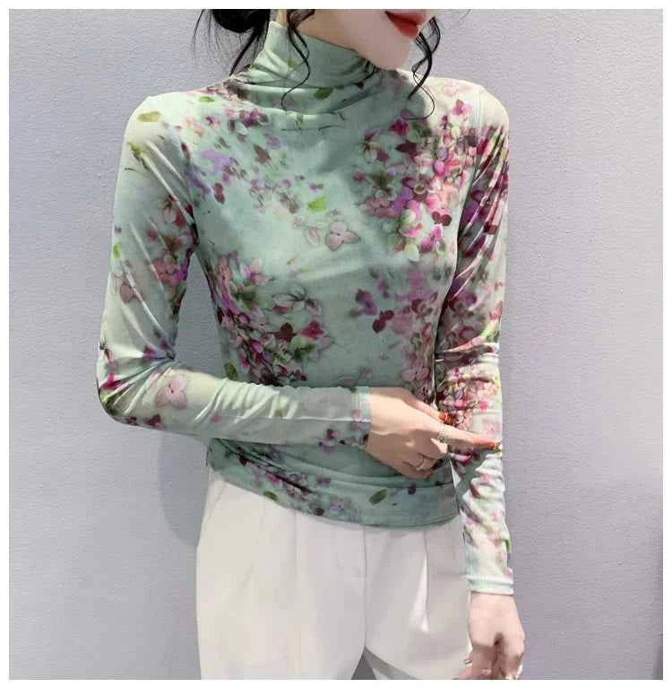 T Shirt Women Turtleneck Full Sleeve Printed Flowers Base Tees Female Sweet T-shirts - Urban Heaven Co
