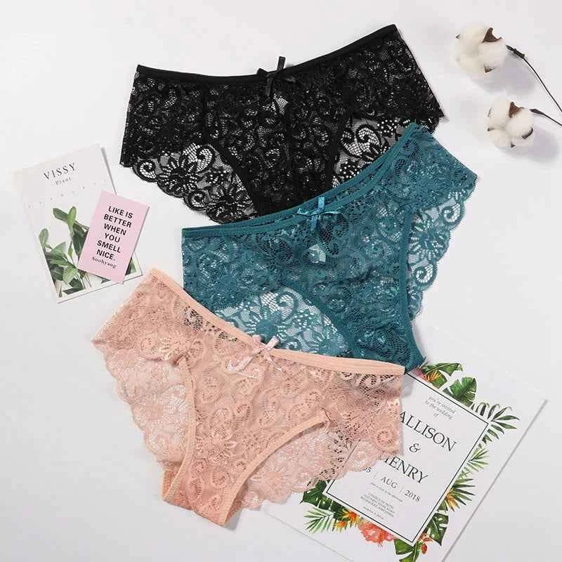 3PCS Lace Panties Set for Women - Sexy Transparent Floral Underwear with Bow and Hollow Out Design, Available in S, M, L, XL - Urban Heaven Co