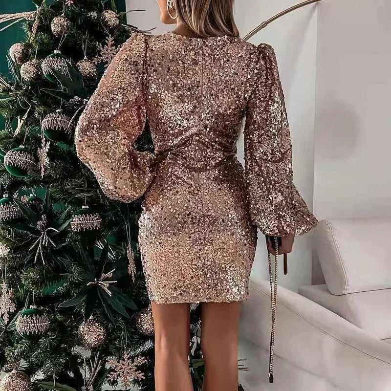 New V Neck Sequin Party Dress with Puff Shoulders | Sexy Bodycon Mini Dress for Office Ladies - Urban Heaven Co