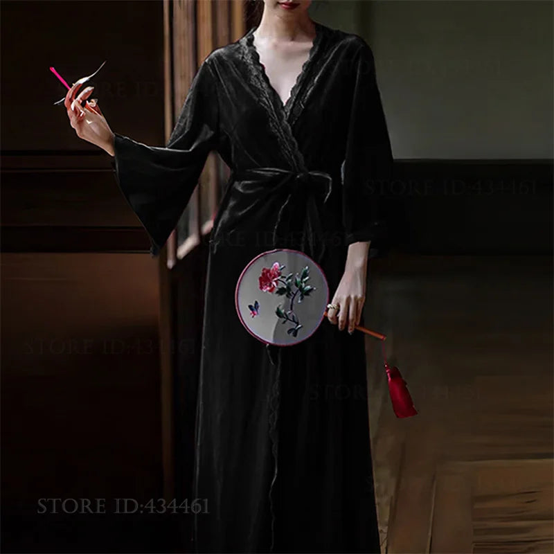 Burgundy Velvet Bride Wedding Long Robe Nightgown Set Negligee Elegant Lace Backless Nightdress Bathrobe Homewear Sexy Lingerie - Urban Heaven Co