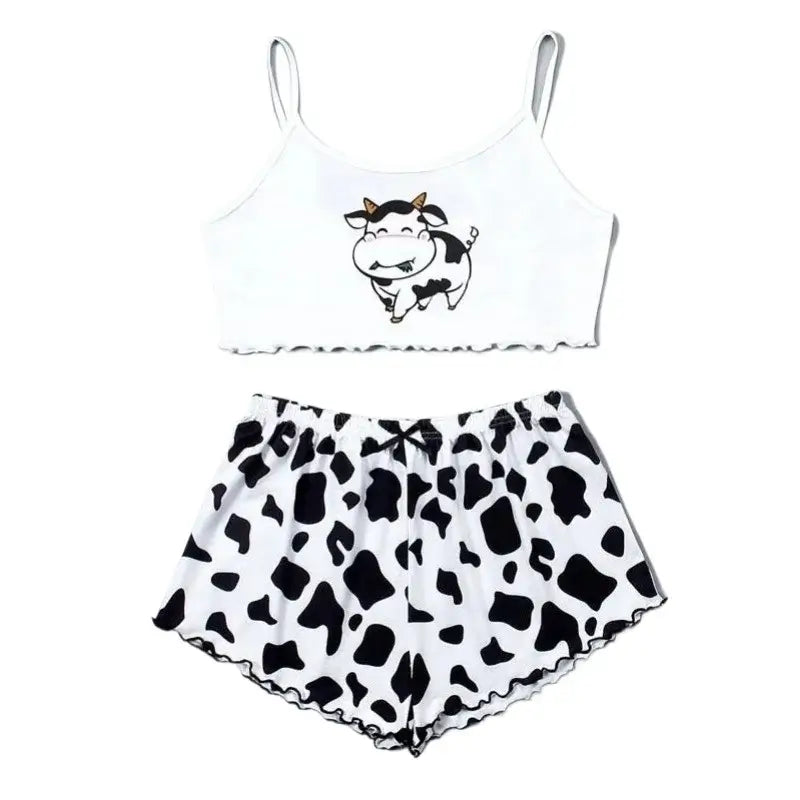 Women 2 Pieces Pajamas Set Cute Cow Print Sleeveless Top and Shorts Sleepwear Casual Homewear Loungewear Pijamas