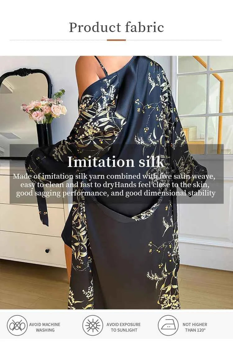 2PCS Robe Set Nightgown Print Flower Kimono Bathrobe Gown Plus Size Silk Satin Sleepwear - Urban Heaven Co
