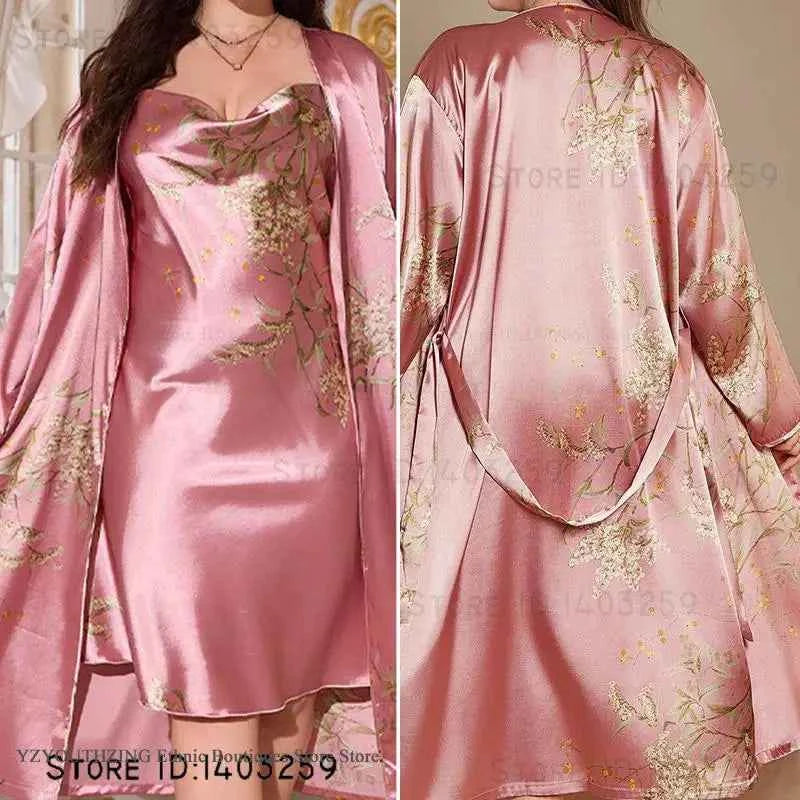 2PCS Robe Set Nightgown Print Flower Kimono Bathrobe Gown Plus Size Silk Satin Sleepwear - Urban Heaven Co