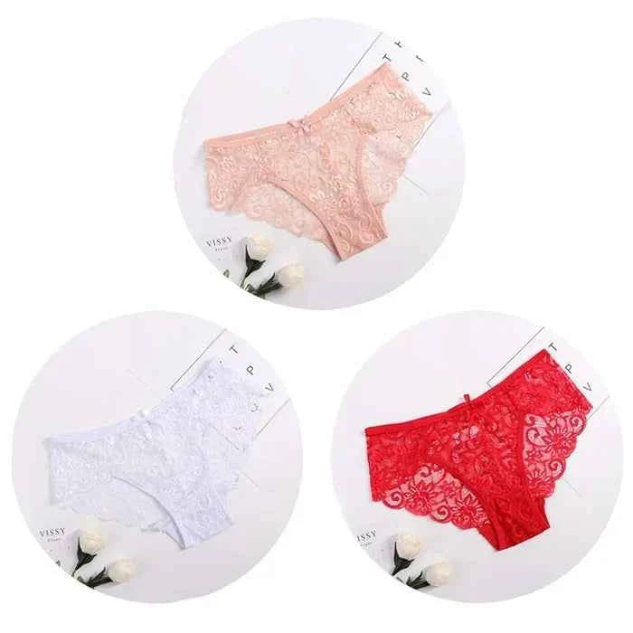 3PCS Lace Panties Set for Women - Sexy Transparent Floral Underwear with Bow and Hollow Out Design, Available in S, M, L, XL - Urban Heaven Co