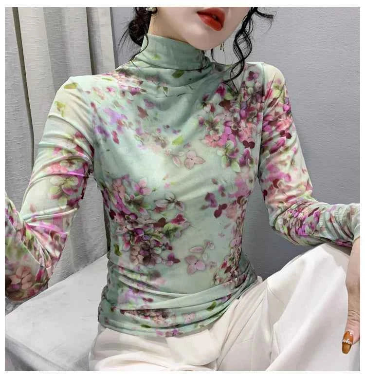 T Shirt Women Turtleneck Full Sleeve Printed Flowers Base Tees Female Sweet T-shirts - Urban Heaven Co