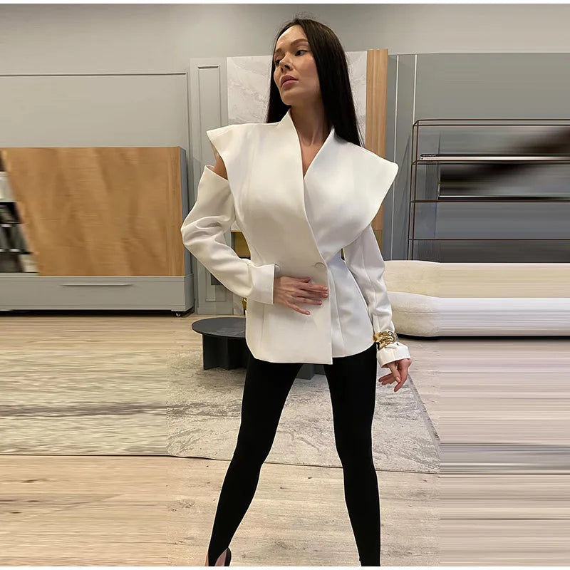 Avant-Garde Women Blazer Solid Jacket with Cutout Shoulders V-neck Full Sleeve for Spring Autumn Fashion Events and Street Style - Urban Heaven Co