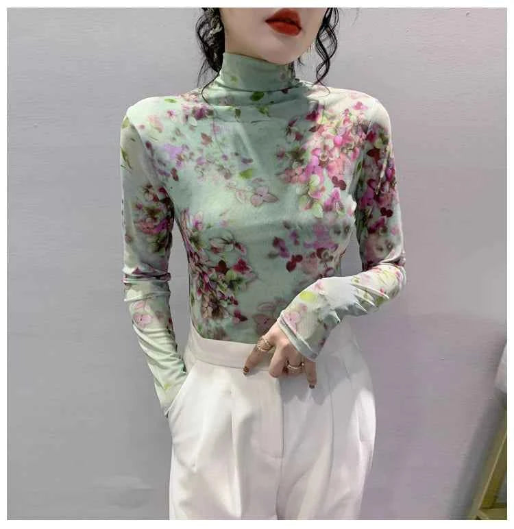 T Shirt Women Turtleneck Full Sleeve Printed Flowers Base Tees Female Sweet T-shirts - Urban Heaven Co