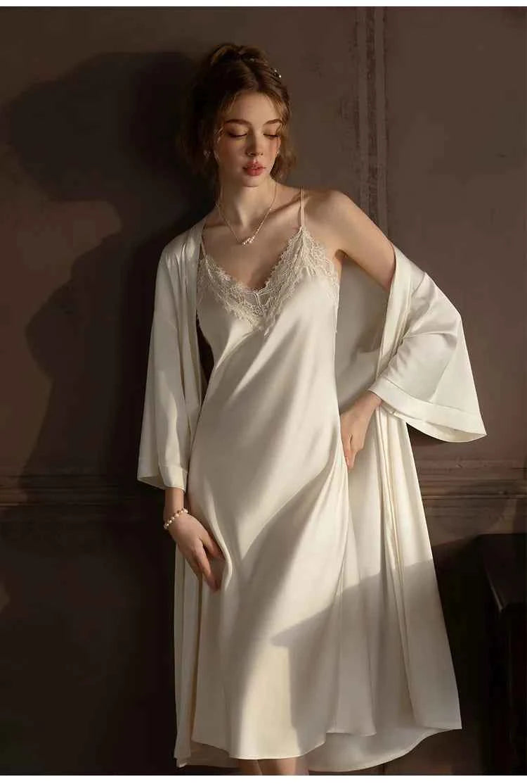 Plus Size Long 2PCS Robe Nightgown Set Pajama Elegant Kimono Bathrobe Gown Sleepwear Summer Sexy Women&