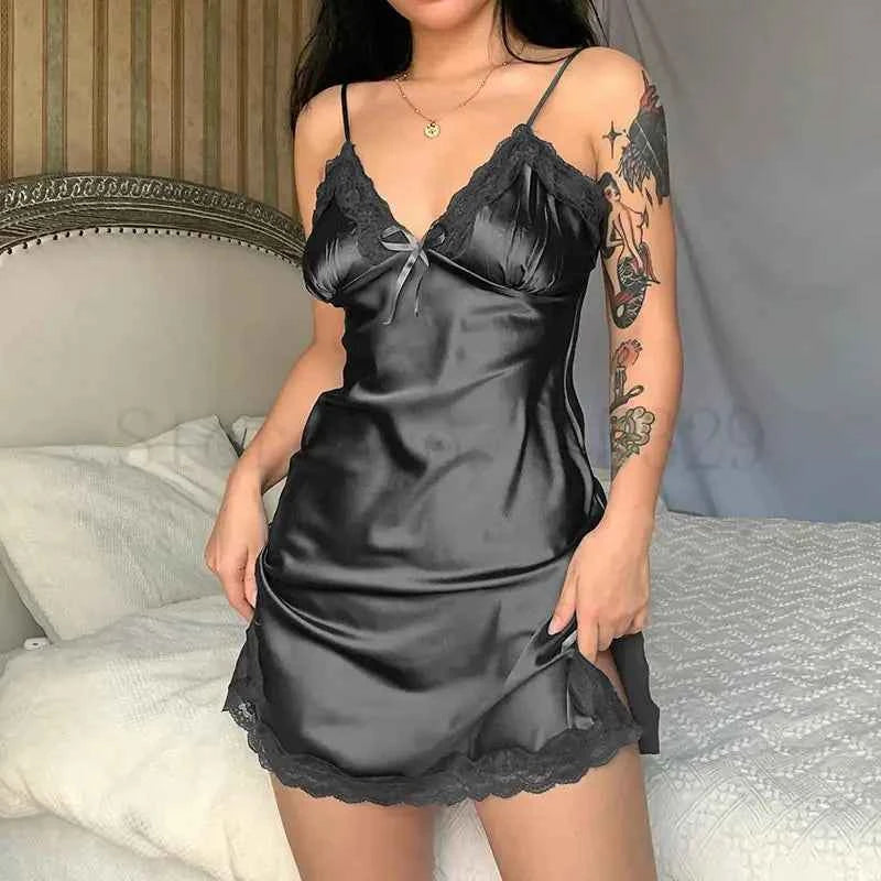 Print Flower Chemise Sleepwear Nightgown Short Summer Sexy Spaghetti Sling Homewear Satin Lace Patchwork Female Nightdress - Urban Heaven Co