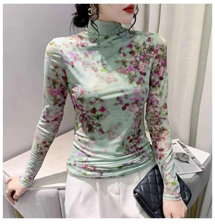 T Shirt Women Turtleneck Full Sleeve Printed Flowers Base Tees Female Sweet T-shirts - Urban Heaven Co