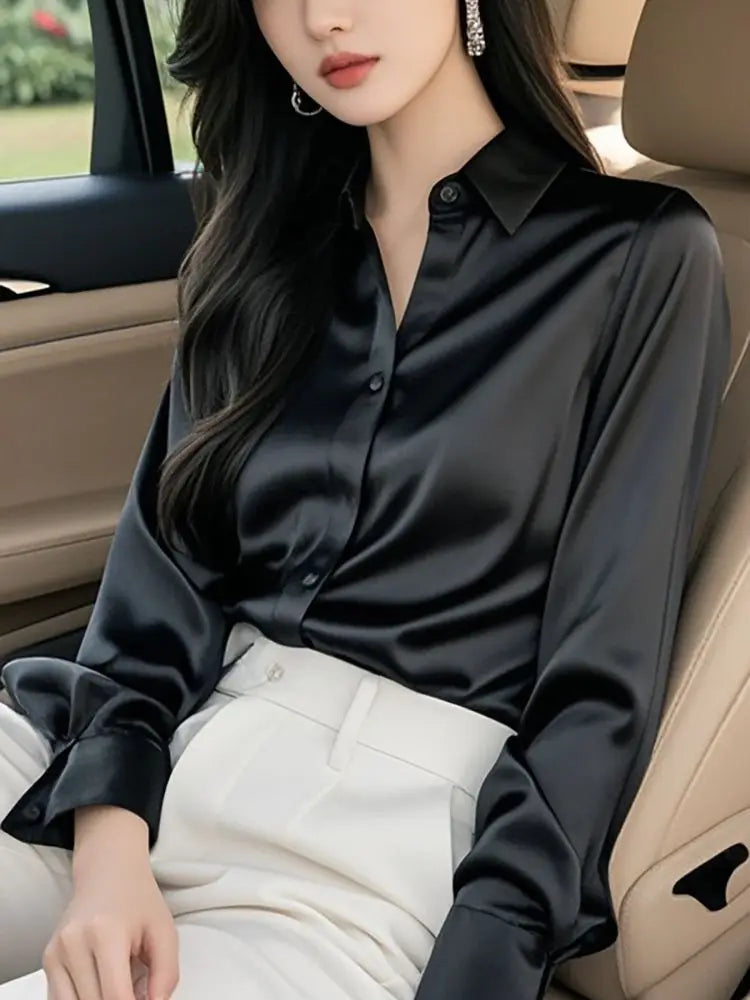 Elegant Silk Office Shirts Women Korean Fashion Y2k Clothes Slim Long Sleeve White Black Blusas Mujer Workwear Tops and Blouses - Urban Heaven Co