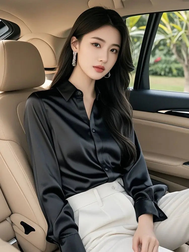 Elegant Silk Office Shirts Women Korean Fashion Y2k Clothes Slim Long Sleeve White Black Blusas Mujer Workwear Tops and Blouses - Urban Heaven Co