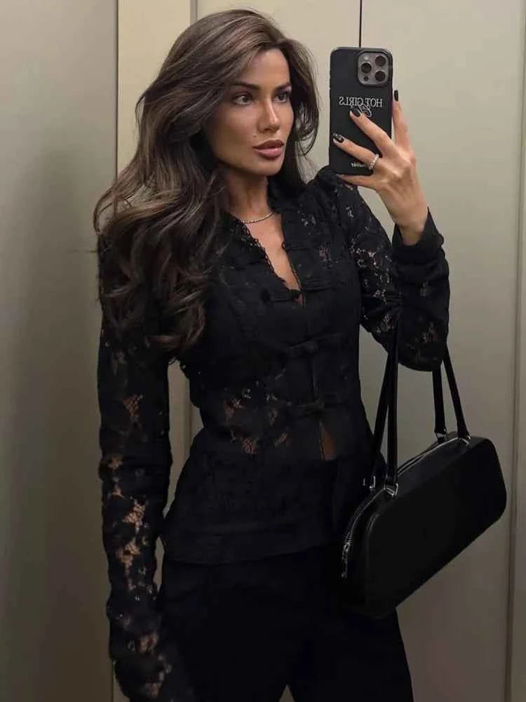 Tossy Summer Lace Printed Shirts Tops Female Hollow Out Fashion Commute Vintage See-Through Blouse. - Urban Heaven Co