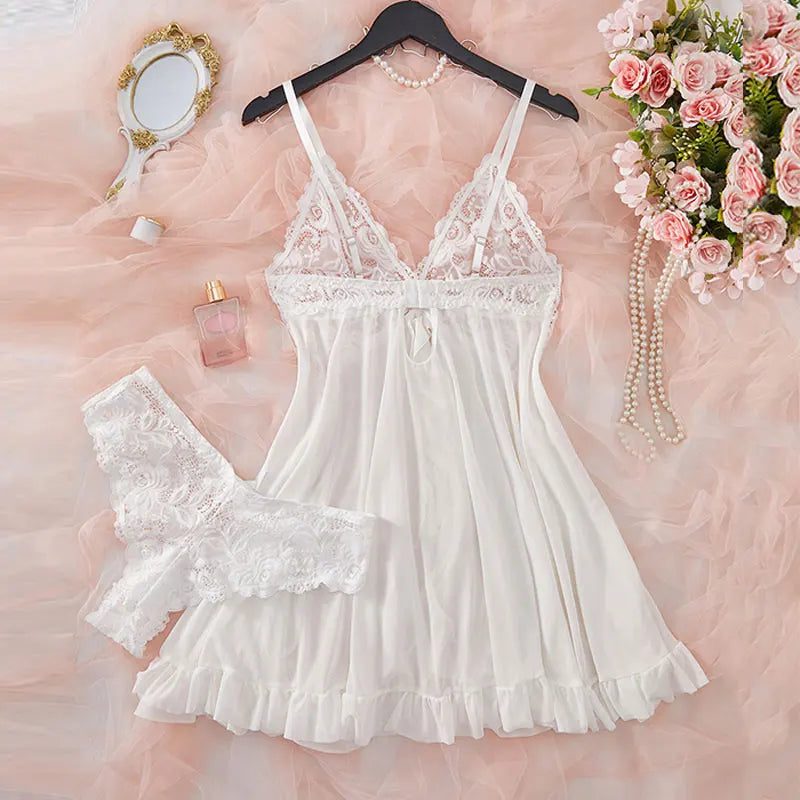 Suspender Suit Summer Ultra-thin Sexy Lace Nightgown Thong Set Women&