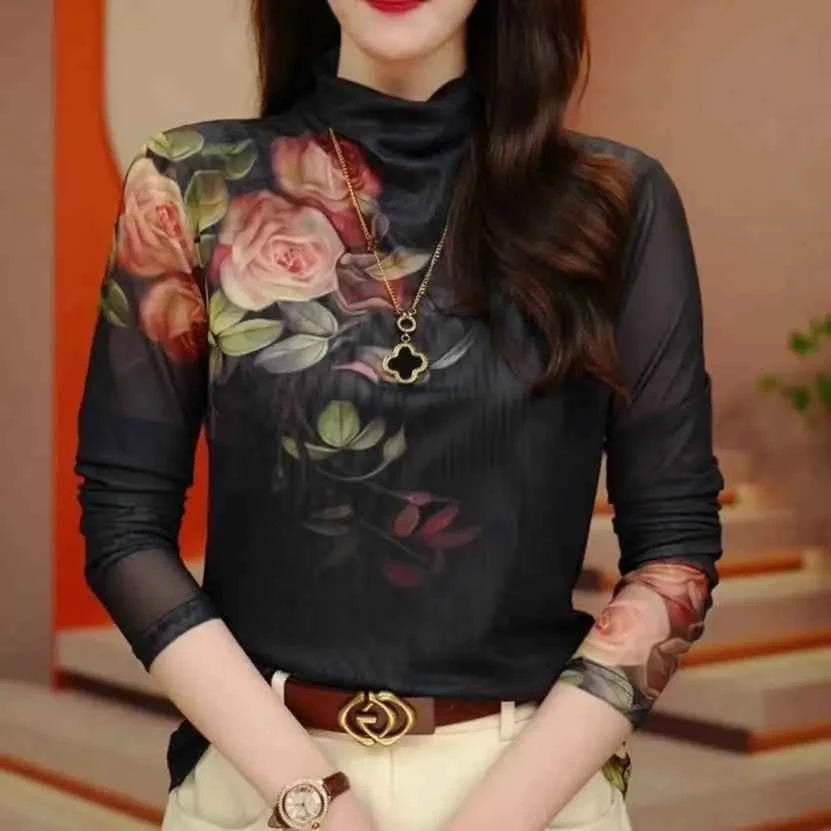 Women Harajuku Long Sleeved Net Yarn Tie Dye Underlay Tops Women New Westernization Turtleneck Printing T-shirt - Urban Heaven Co