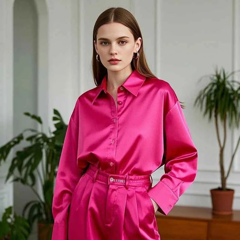 Trending Casual Shirt Elegant Blouses For Women Satin Multicolor Basic Slim Shirt Solid All-Match Top - Urban Heaven Co