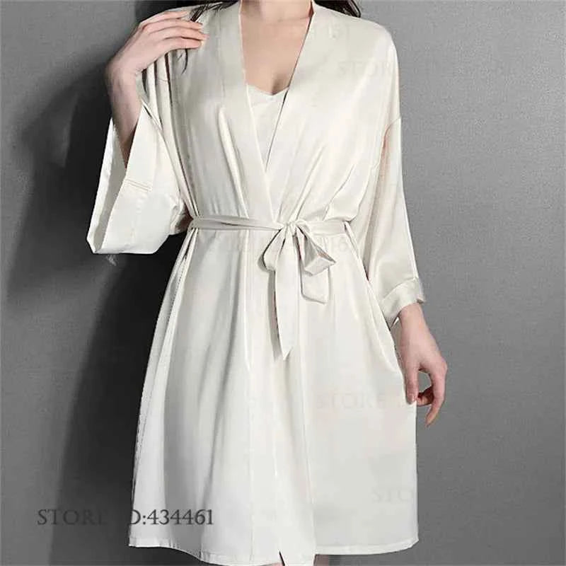Sexy Lingerie Female Twinset Robe Set Nightgown Spring Summer New Backless Nightdress Sleepwear Loose Ice Silk Homewear Pajama - Urban Heaven Co