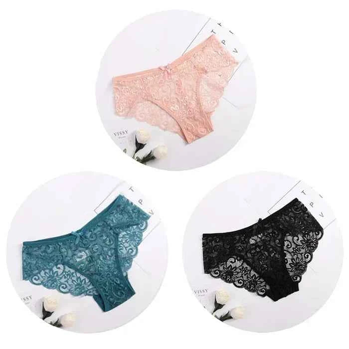 3PCS Lace Panties Set for Women - Sexy Transparent Floral Underwear with Bow and Hollow Out Design, Available in S, M, L, XL - Urban Heaven Co