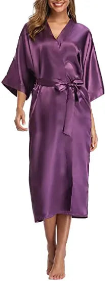 Plus Size Rayon Bathrobe Women’s Kimono Satin Long Robe Sexy Lingerie Classic Nightgown Sleepwear with Belt - Urban Heaven Co