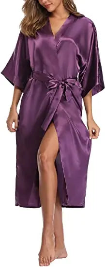 Plus Size Rayon Bathrobe Women’s Kimono Satin Long Robe Sexy Lingerie Classic Nightgown Sleepwear with Belt - Urban Heaven Co