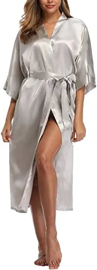 Plus Size Rayon Bathrobe Women’s Kimono Satin Long Robe Sexy Lingerie Classic Nightgown Sleepwear with Belt - Urban Heaven Co