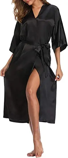 Plus Size Rayon Bathrobe Women’s Kimono Satin Long Robe Sexy Lingerie Classic Nightgown Sleepwear with Belt - Urban Heaven Co