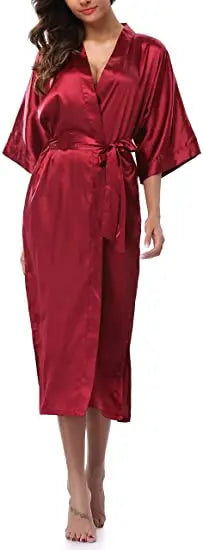 Plus Size Rayon Bathrobe Women’s Kimono Satin Long Robe Sexy Lingerie Classic Nightgown Sleepwear with Belt - Urban Heaven Co