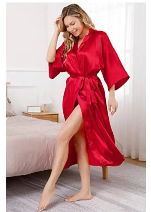 Plus Size Rayon Bathrobe Women’s Kimono Satin Long Robe Sexy Lingerie Classic Nightgown Sleepwear with Belt - Urban Heaven Co