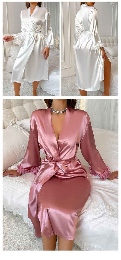 Female 2PCS Robe Set Nightgown Sexy Lace Long Kimono Bathrobe Gown Silk Satin Loungewear Summer Sleepwear Lingerie Homewear - Urban Heaven Co