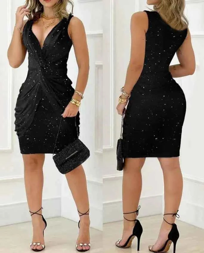 Women Sexy Twist Design Plunging Neck Glitter Party Dress Temperament Commuting Female Clothes New Fashion Women Skinny Dresses - Urban Heaven Co