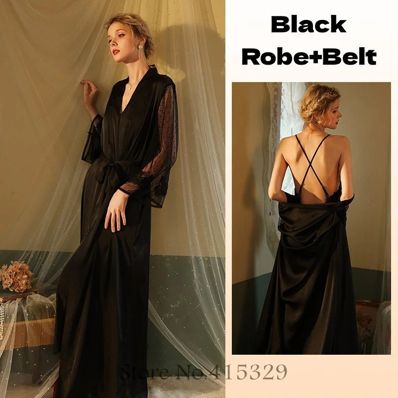 Wedding Bride Robe Set Women Bridal Lace Nightgown Long Kimono Bath Gown Intimate Lingerie - Urban Heaven Co