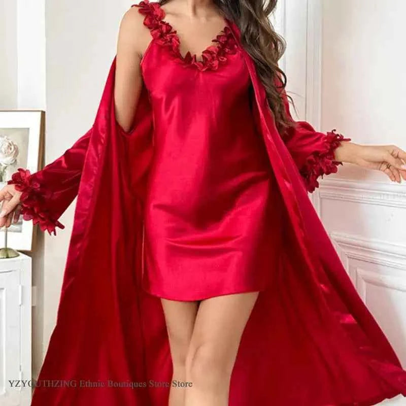 Sexy Female Twinset Robe Set Nightgown Silk Satin Female Sleepwear - Urban Heaven Co
