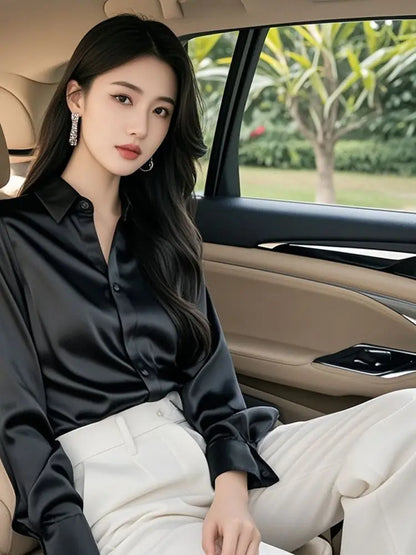 Elegant Silk Office Shirts Women Korean Fashion Y2k Clothes Slim Long Sleeve White Black Blusas Mujer Workwear Tops and Blouses - Urban Heaven Co