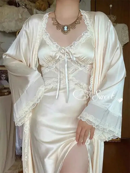 Spring New Nightgown Women Bride Wedding Dress Sweet Lace Patchwork Robe Set Nightdress Elegant Lingerie Summer Long Kimono Gown - Urban Heaven Co