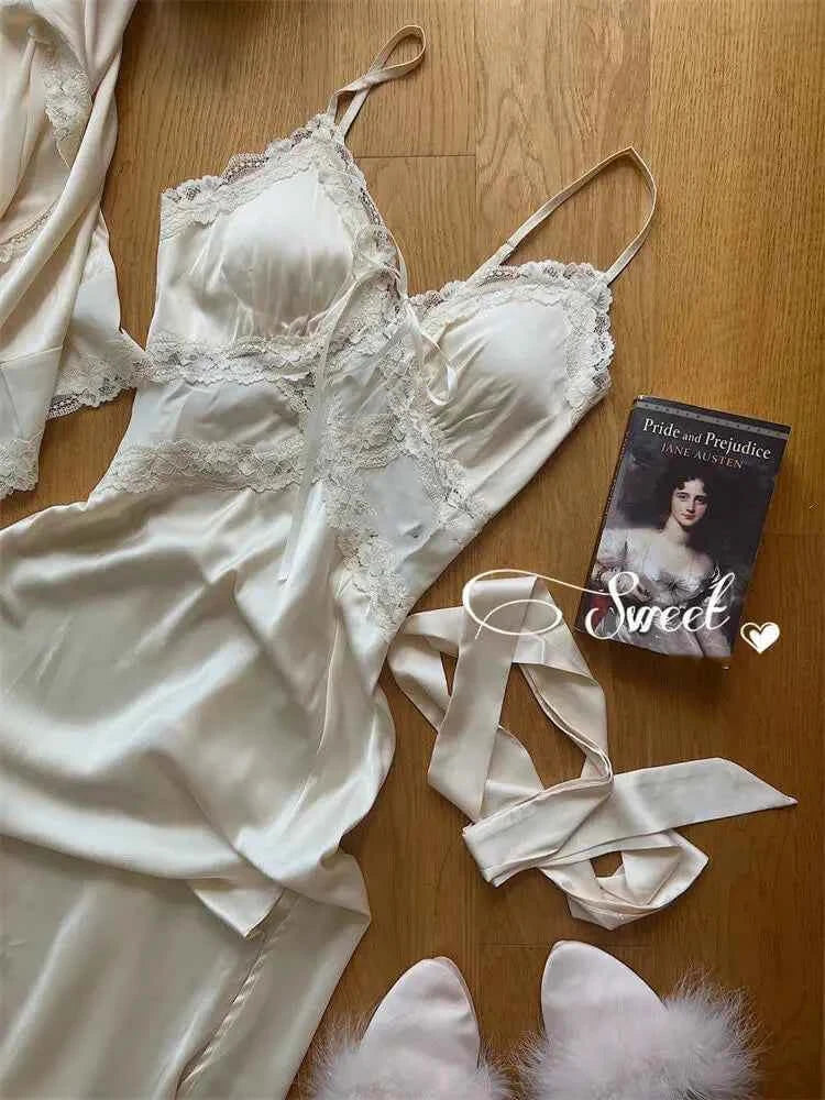 Spring New Nightgown Women Bride Wedding Dress Sweet Lace Patchwork Robe Set Nightdress Elegant Lingerie Summer Long Kimono Gown - Urban Heaven Co