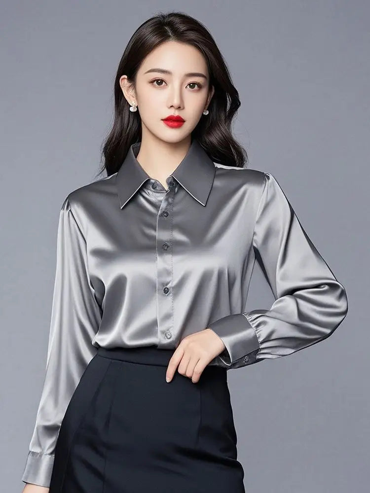 Elegant Silk Office Shirts Women Korean Fashion Y2k Clothes Slim Long Sleeve White Black Blusas Mujer Workwear Tops and Blouses - Urban Heaven Co