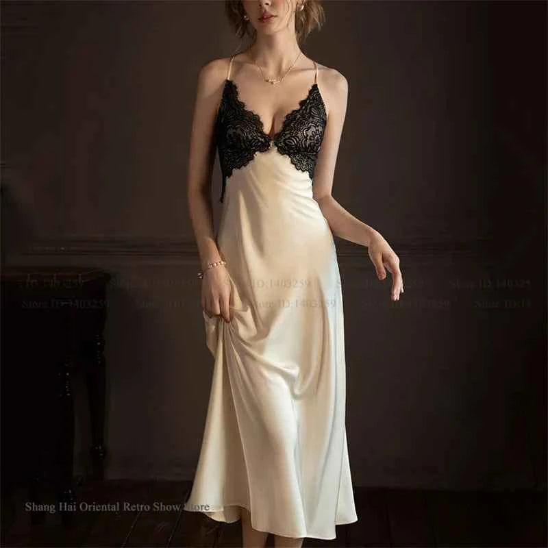 Sexy Femlae Long Robe Nightgown 2PCS Set Spring Summer New Silk Satin Sleepwear Nightdress Lingerie Patchwork Lace Homewear - Urban Heaven Co