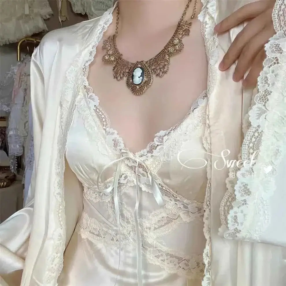 Spring New Nightgown Women Bride Wedding Dress Sweet Lace Patchwork Robe Set Nightdress Elegant Lingerie Summer Long Kimono Gown - Urban Heaven Co