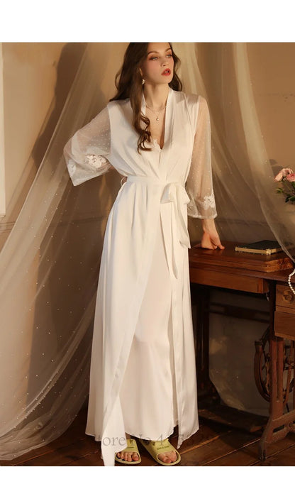 Wedding Bride Robe Set Women Bridal Lace Nightgown Long Kimono Bath Gown Intimate Lingerie - Urban Heaven Co