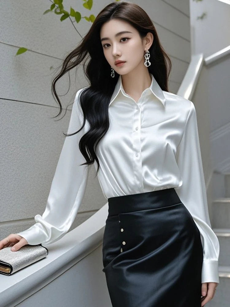Elegant Silk Office Shirts Women Korean Fashion Y2k Clothes Slim Long Sleeve White Black Blusas Mujer Workwear Tops and Blouses - Urban Heaven Co