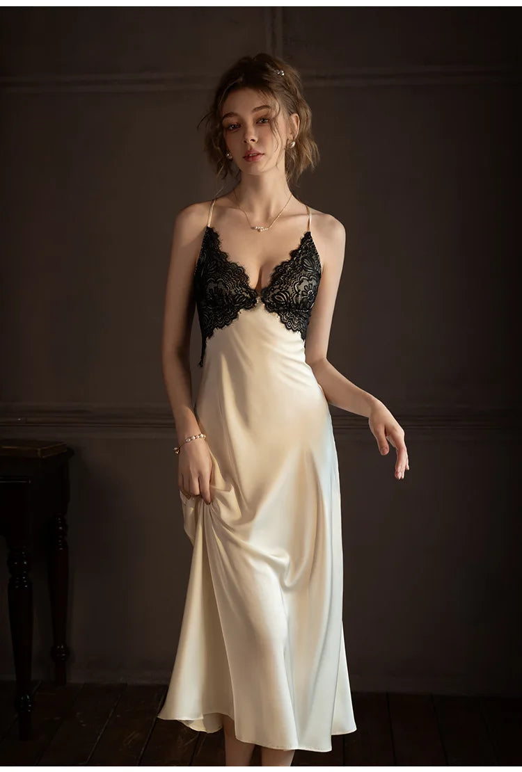 Sexy Femlae Long Robe Nightgown 2PCS Set Spring Summer New Silk Satin Sleepwear Nightdress Lingerie Patchwork Lace Homewear - Urban Heaven Co